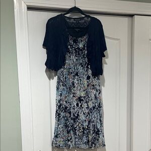 Elegant Floral Midi Dress with Navy Overlay